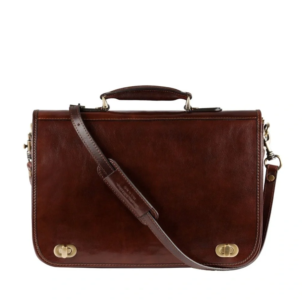Time Resistance Leather Briefcase Italian Full Grain Leather Lapto Bag